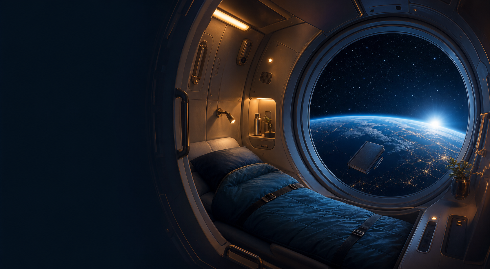Original illustration of a fictional space station sleep pod looking down at Earth